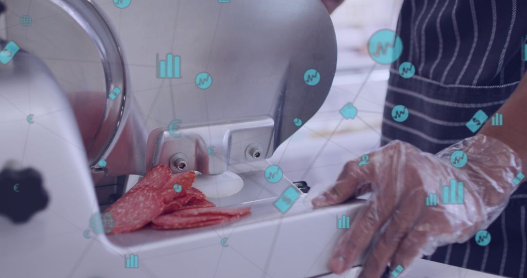 Shop Assistant Slicing Salami with Digital Business Overlay