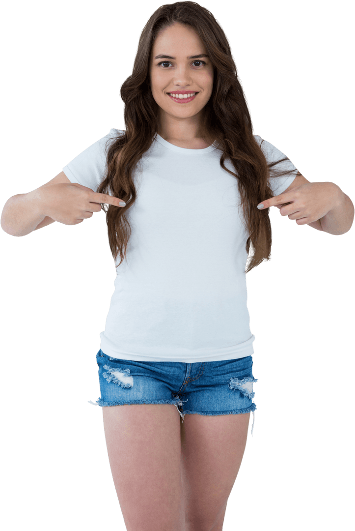 Smiling Woman Demonstrating Pointing Gesture Transparent Background