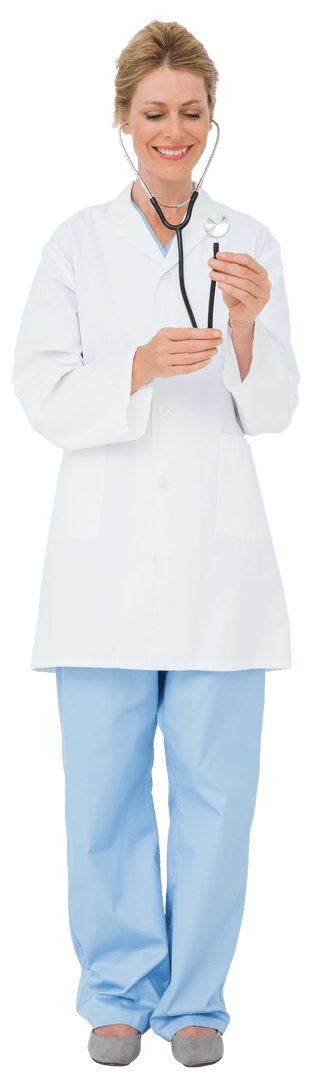 Blonde Doctor Inspecting Stethoscope on Transparent Background
