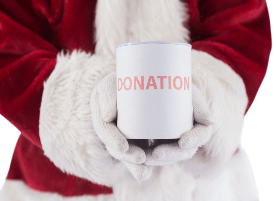 Santa Claus Holding a Transparent Donation Can Promoting Holiday Giving