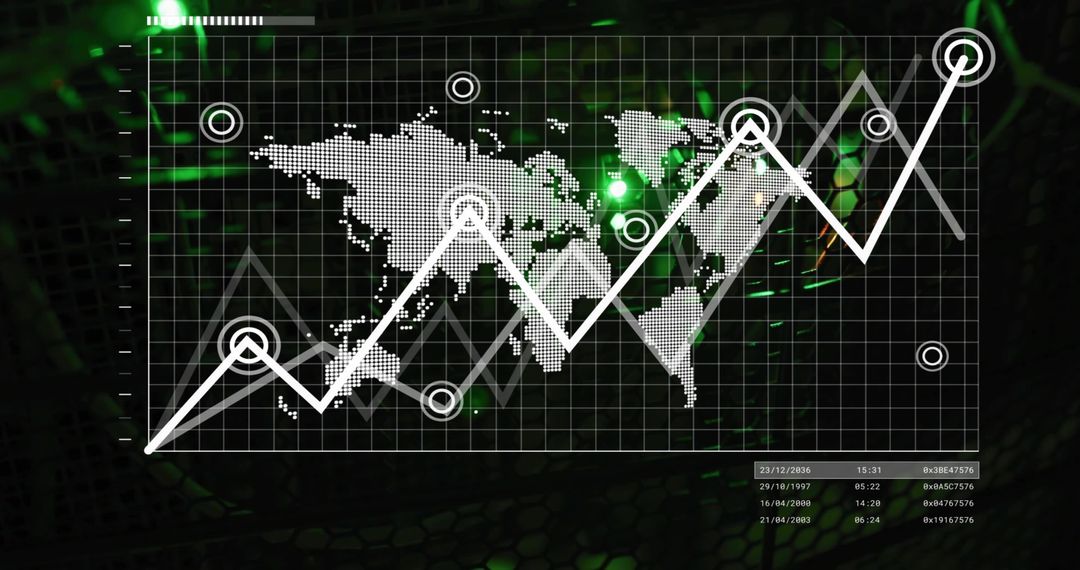 Global analytics dashboard displaying uptrend line graph over dotted world map with neon HUD