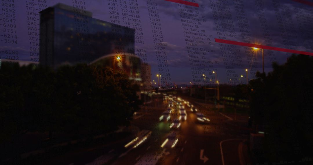 Night Traffic in City with Digital Code Overlay