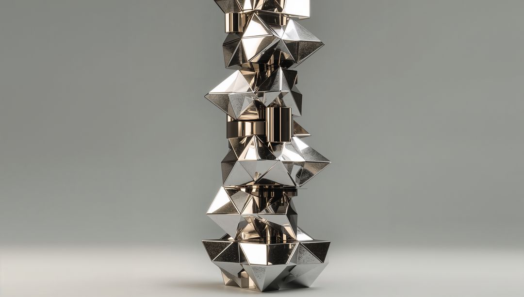 Reflective Metallic Geometric Sculpture on Minimalist Platform