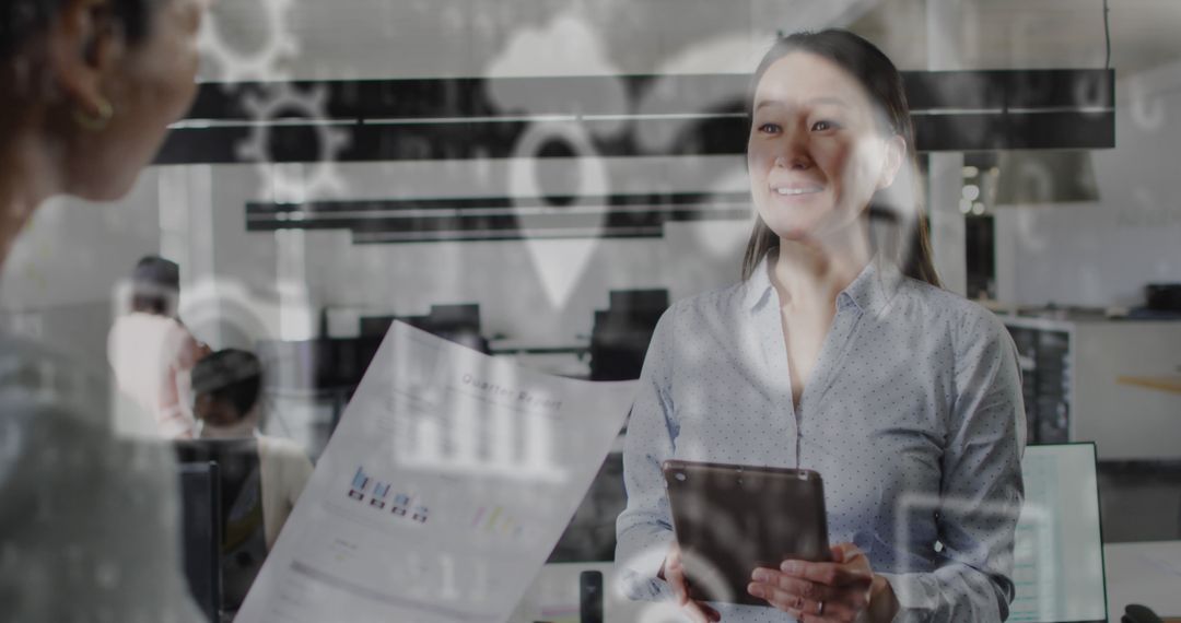 Digital Interface with Businesswoman Analyzing Data