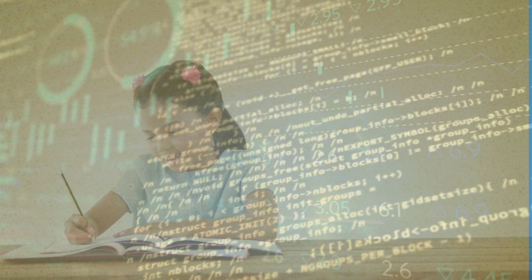 Young Girl Learning Coding with Virtual Interface Overlay