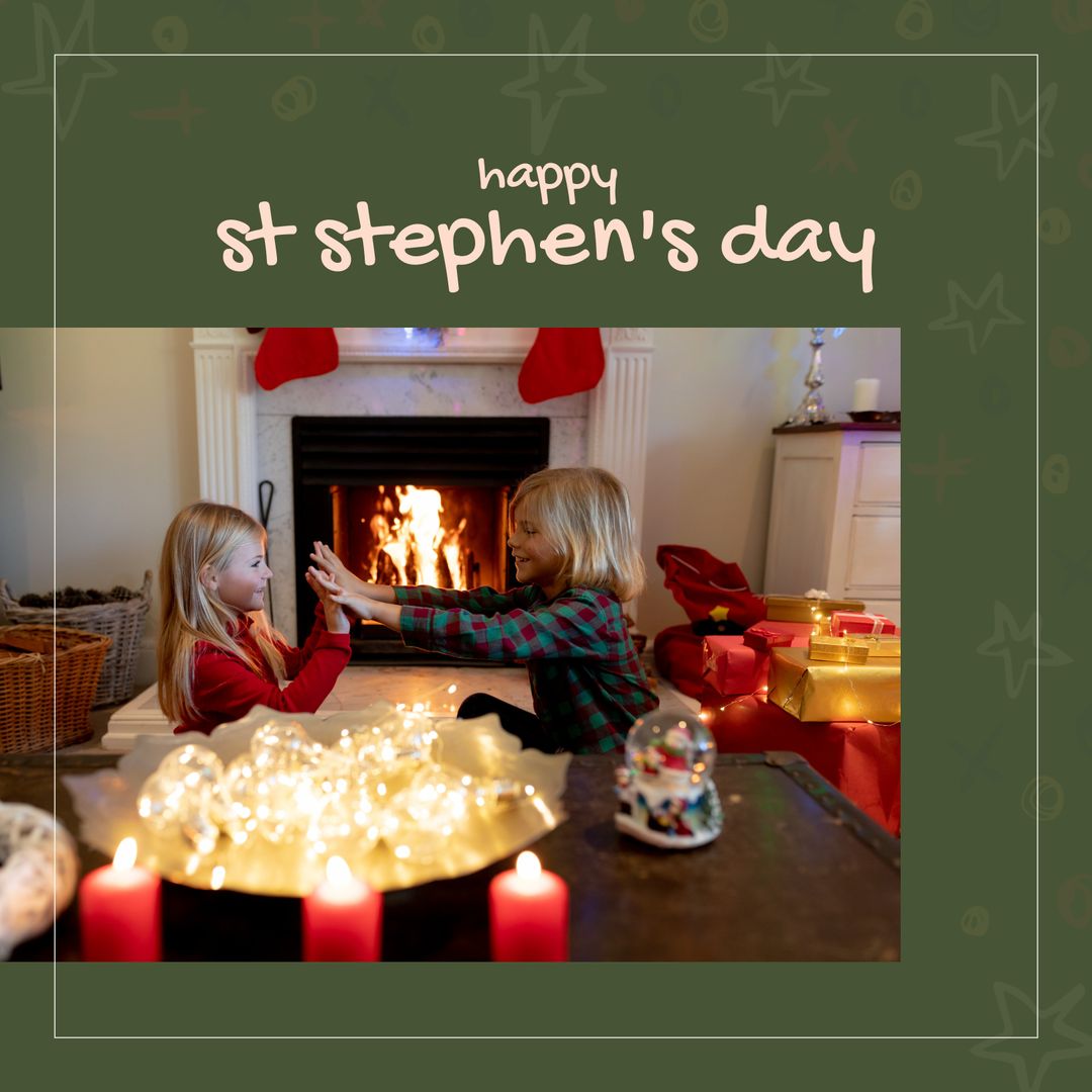 Caucasian Children Enjoying St Stephen's Day by Christmas Fireplace - Download Free Stock Templates Pikwizard.com