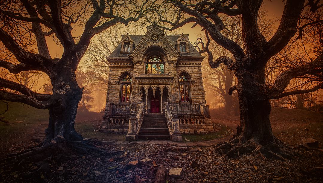 Gothic Medieval Chapel with Stained Glass in Eerie Forest