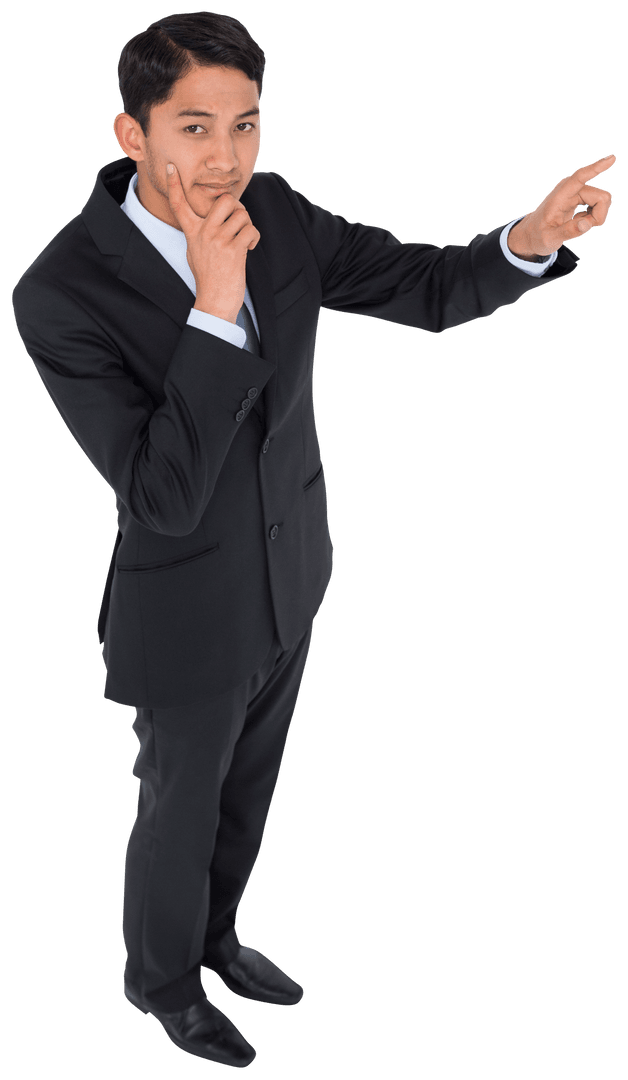 Confident Businessman Contemplating with Pointing Gesture