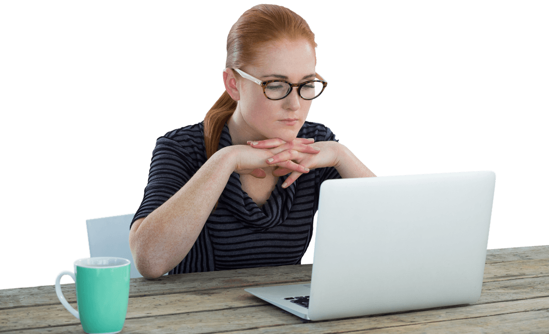 Transparent Businesswoman Contemplating Work on Laptop at Rustic Desk