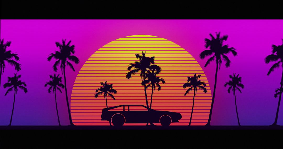 Retro Sunset with Palm Trees and Car Silhouette