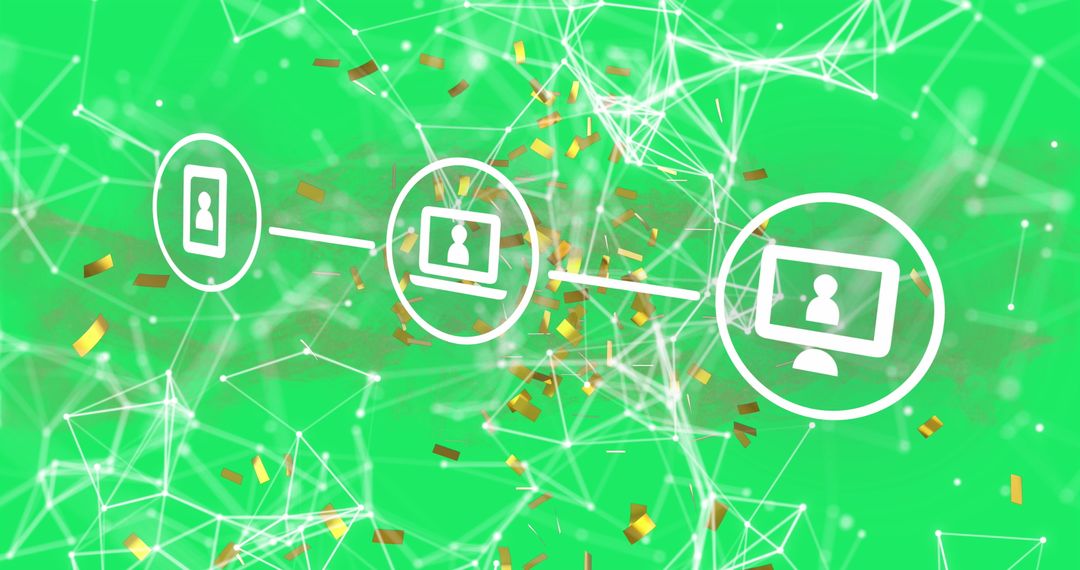 Abstract Digital Network Concept with Falling Confetti on Green Background