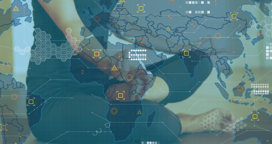 Yoga and Technology Fusion: Meditative Seated Forward Fold with Data Overlay