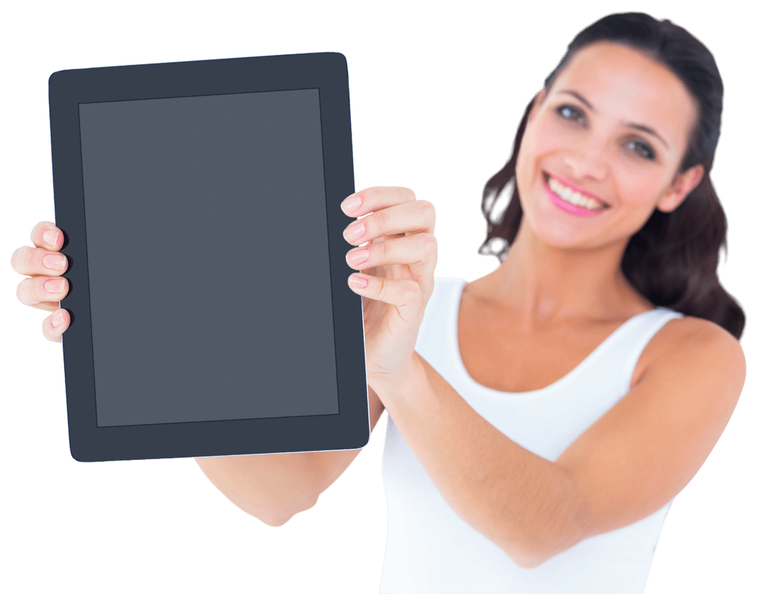 Brunette Woman Displaying Blank Screen Tablet Transparent Background