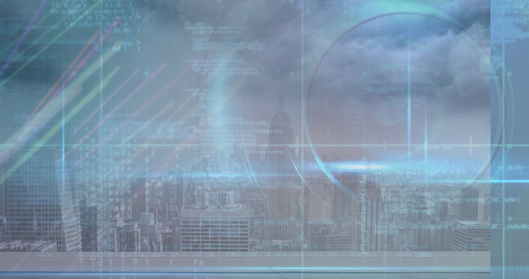 Futuristic Cityscape with Digital Layers and Data Holograms