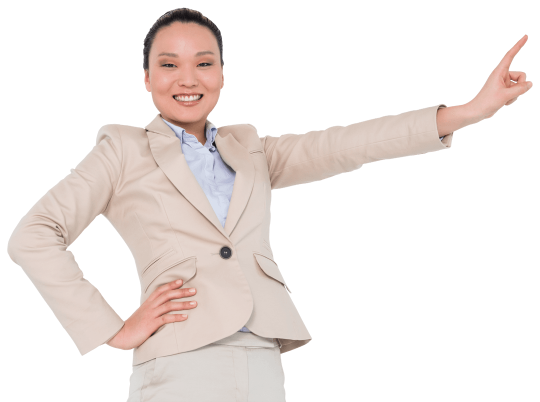 Smiling Businesswoman Pointing Confidently on Transparent Background