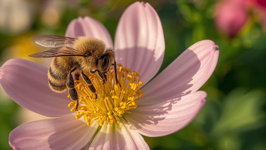 Honey bee collecting pollen on pale pink daisy, macro close-up with golden stamens