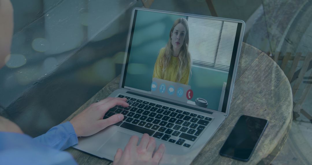 Businessperson on Virtual Meeting with Overlaid Financial Data