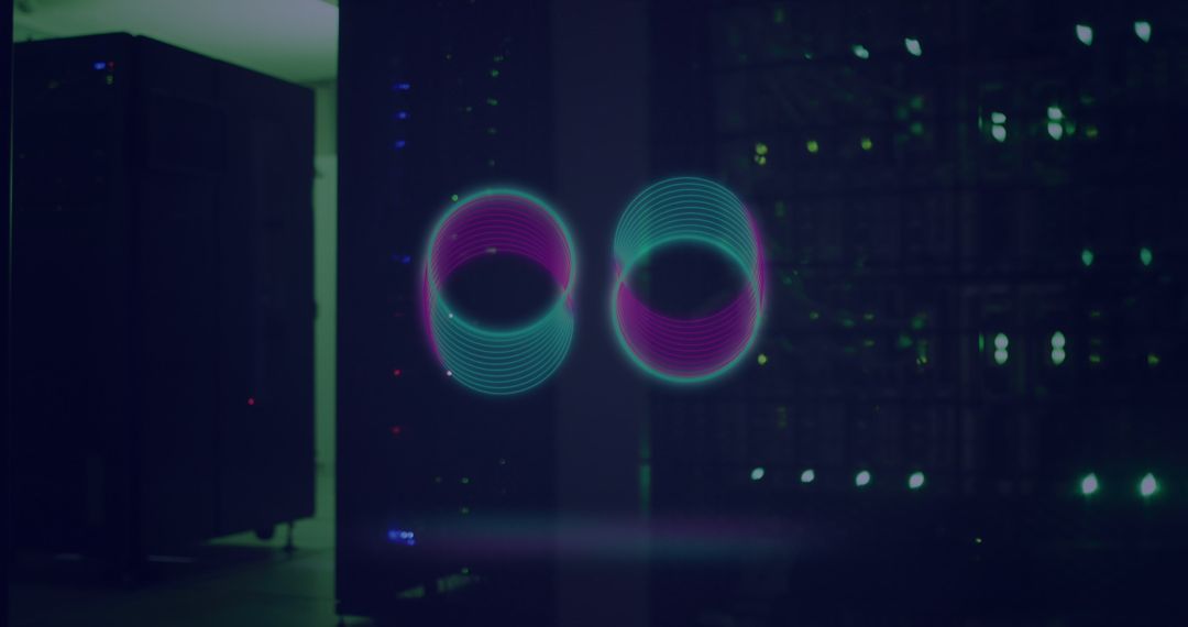 Futuristic Neon Circuitry Circles Over High-Tech Servers