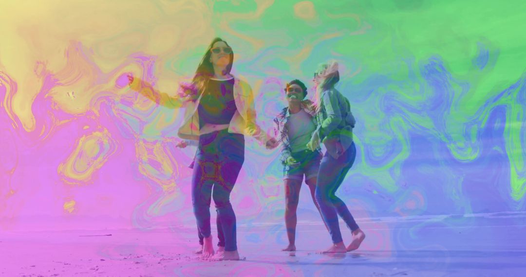 Joyful Friends Running on Colorful Sunset Beach