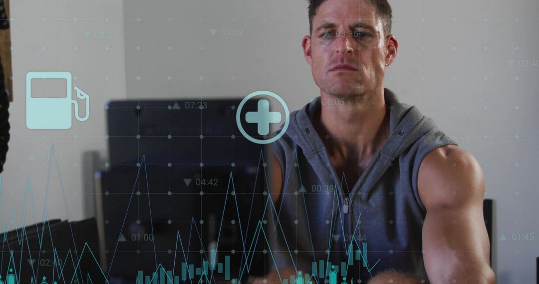 Muscular Man Exercising with Fitness Data Overlay