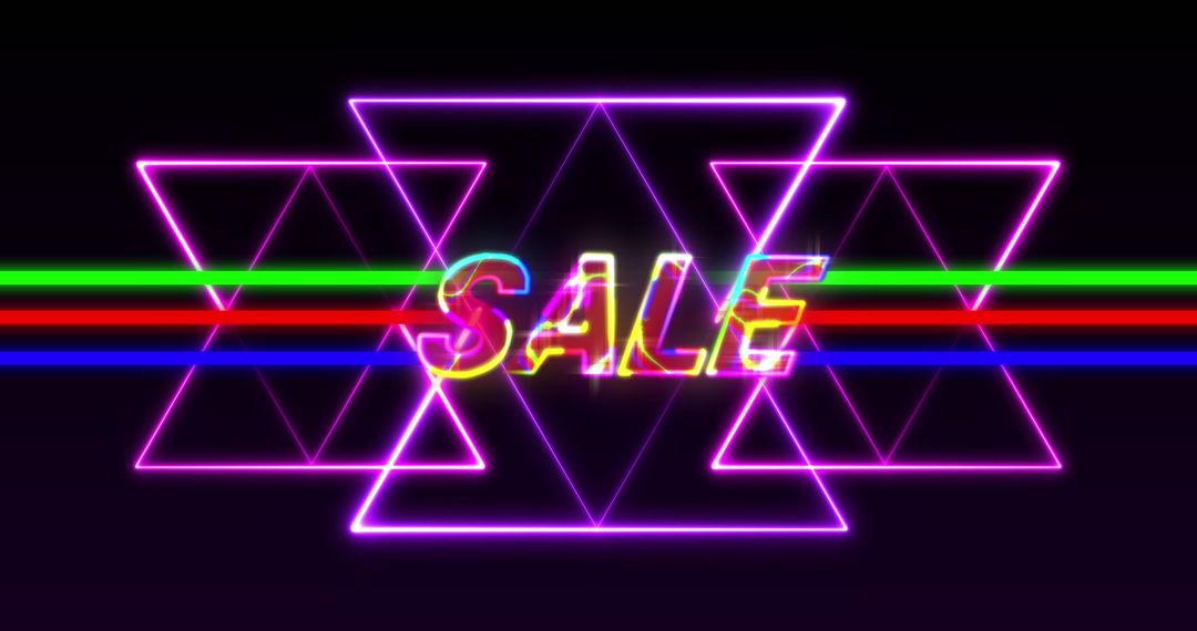 Neon Retro Sale Banner with Glowing Triangles and Colorful Text
