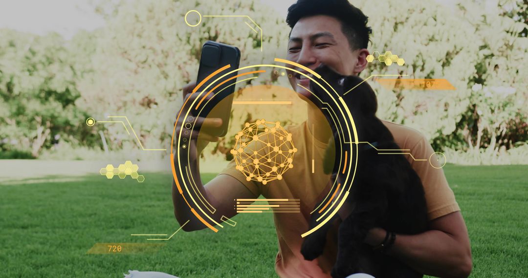 Man Taking Selfie with Black Cat Featuring Futuristic AR Interface in Backyard