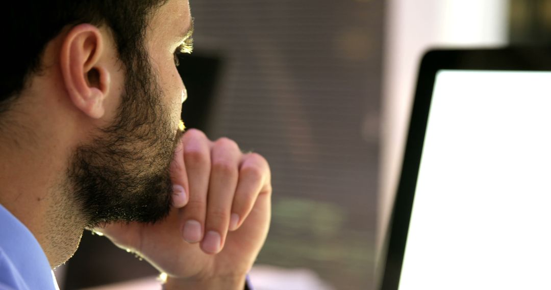 Close-up of Man Contemplating While Using Computer - Free Images, Stock Photos and Pictures on Pikwizard.com