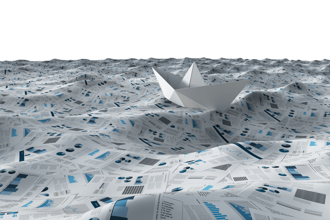 Transparent Paper Boat Sailing on Sea of Documents