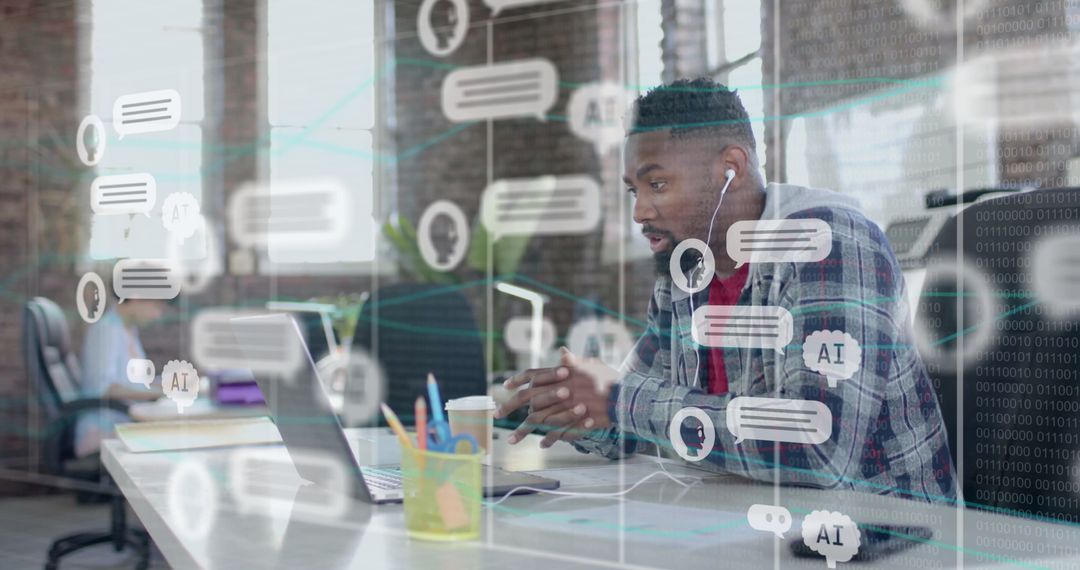 Businessman Engaging in AI-Assisted Video Call in Modern Office