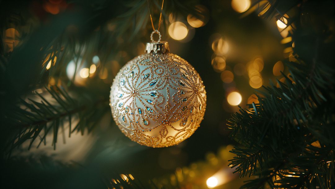 Elegant Gold Christmas Bauble on Decorated Holiday Tree