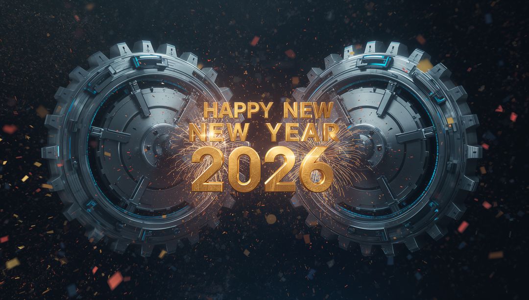 Futuristic Golden 2026 Celebrating New Year with Gears, Sparks and Confetti