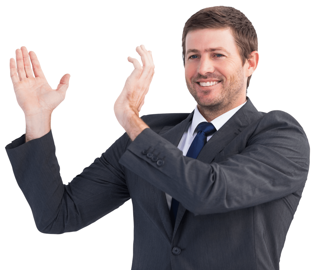 Confident Businessman Demonstrating Gesture on Transparent Background