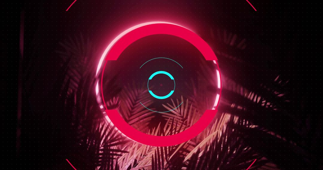 Futuristic Neon Circle with Palm Leaves Overlay