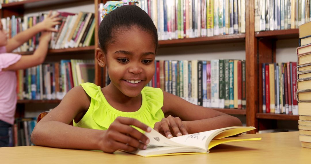 Young Girl Enthusiastically Reading at Library