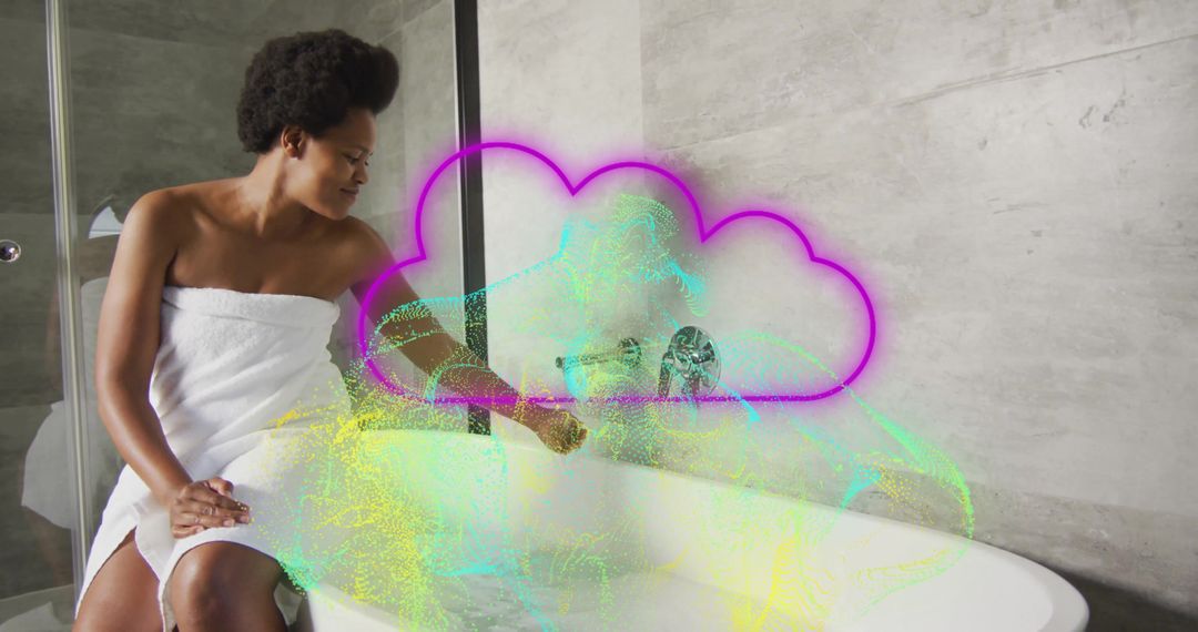 Woman Wrapped in Towel Turning Bath Faucet with Neon Digital Overlay