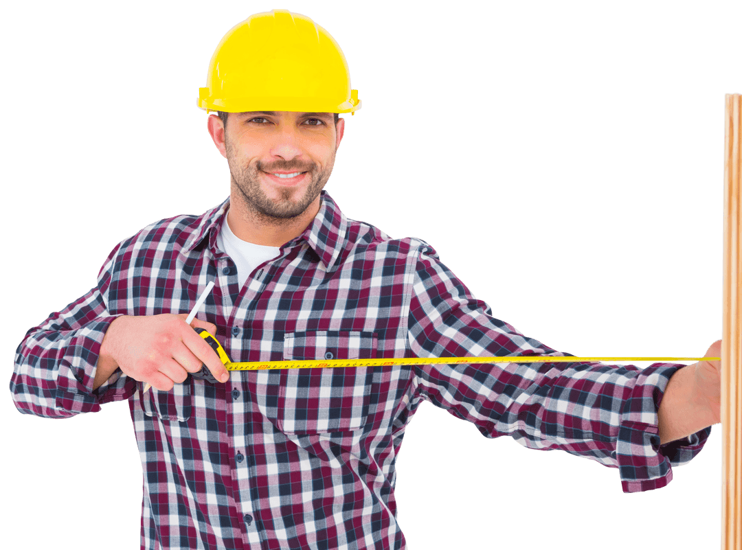 Handyman with Yellow Safety Helmet Measuring with Tape Transparent Background