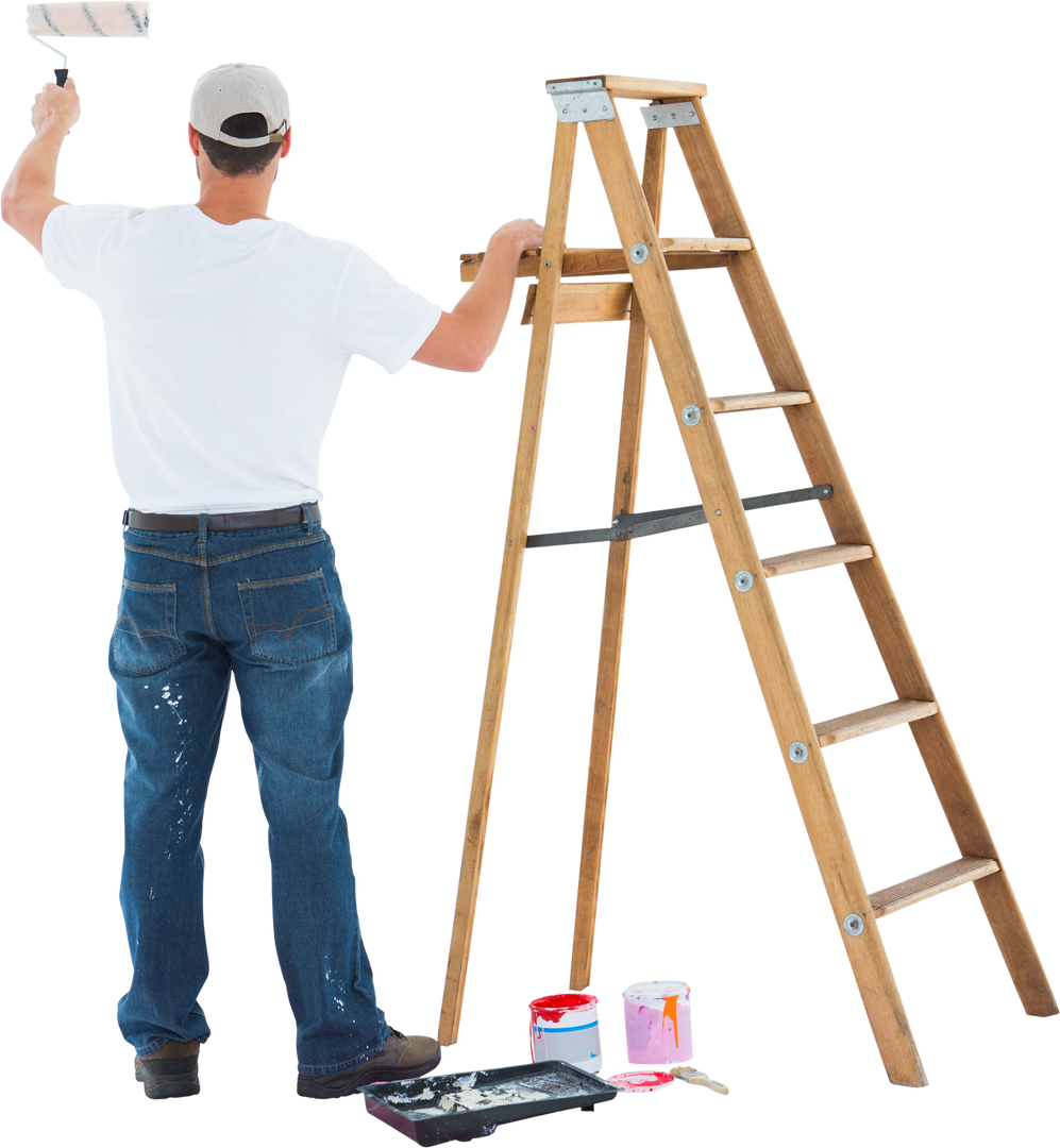 Rear View of Painter with Roller and Ladder on Transparent Background - Download Free Stock Images Pikwizard.com