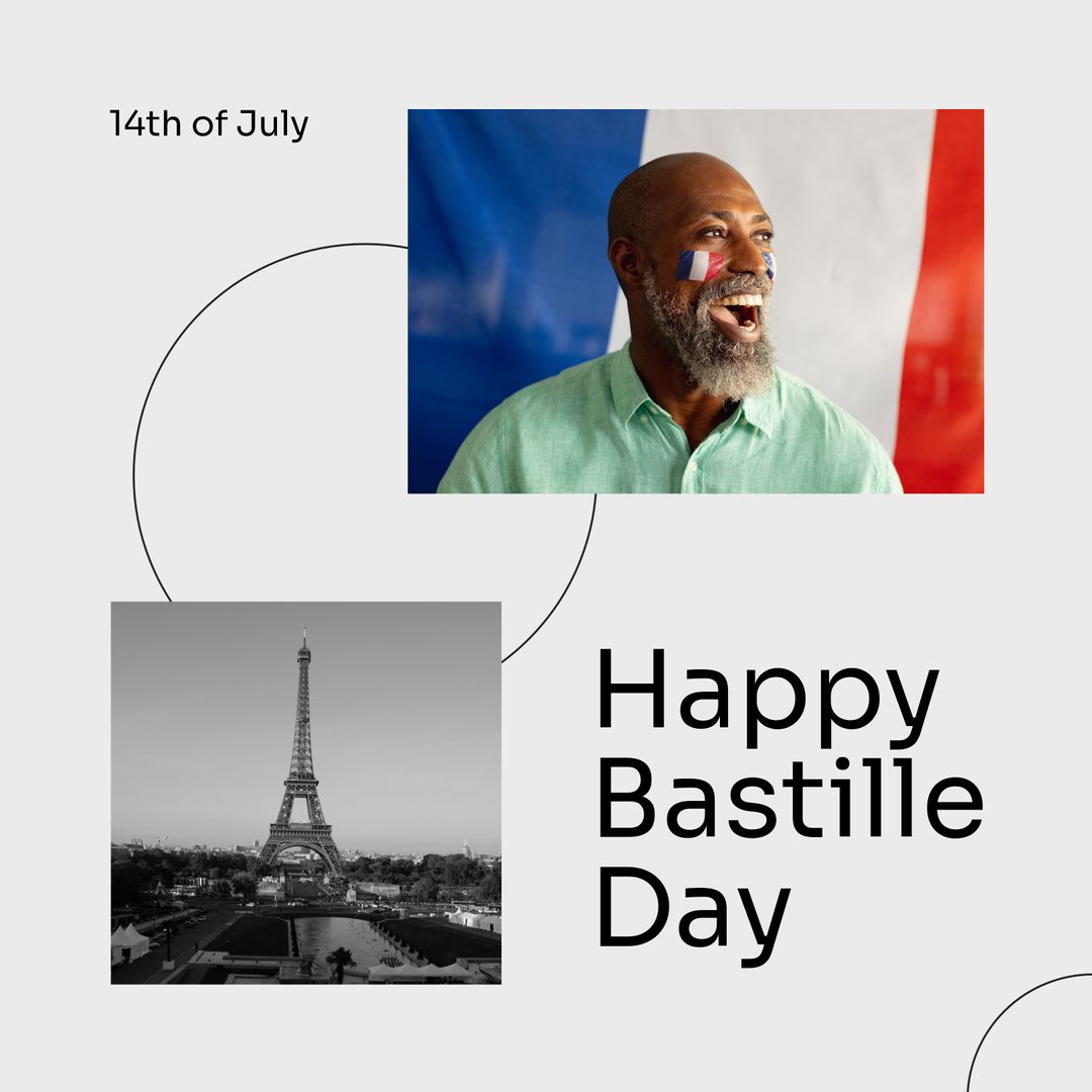 Happy Bastille Day Celebration with Eiffel Tower and Smiling Man