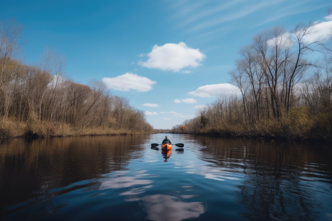 Solo Kayaker Paddling on Tranquil River in Early Spring - Free Images, Stock Photos and Pictures on Pikwizard.com