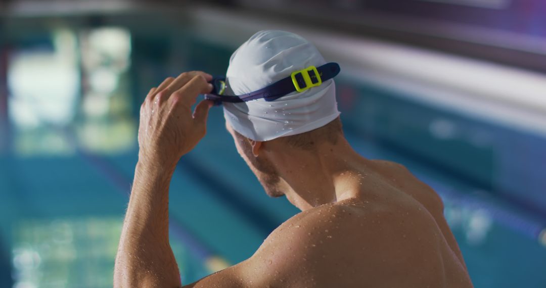 Swimmer Adjusting Goggles by Indoor Poolside Ready for Training Session - Free Images, Stock Photos and Pictures on Pikwizard.com