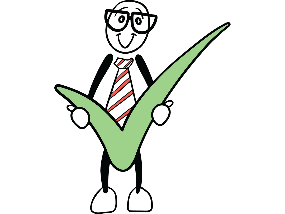 Transparent Happiness of Cartoon Man with Large Checkmark