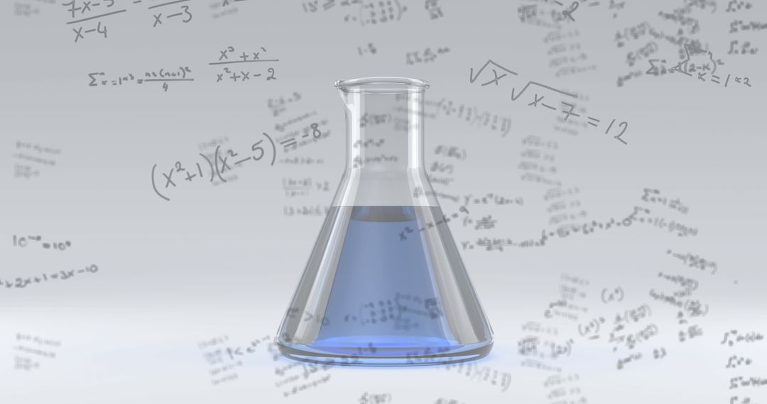 Laboratory Flask with Blue Liquid and Floating Mathematical Equations
