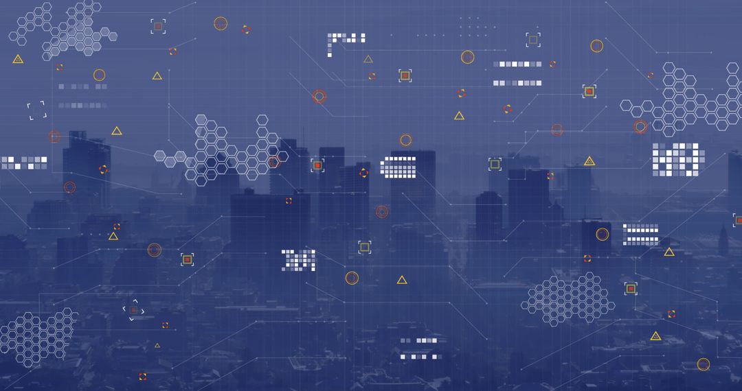 Digital Icons Overlay on Cityscape Highlighting Network Technology