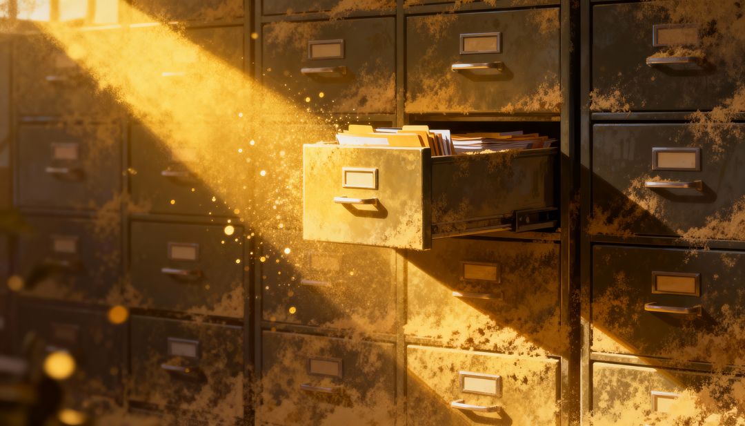 Sunlight streaming through vintage filing cabinet drawer with manila folders, dust motes