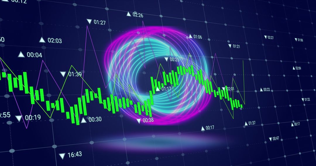 Futuristic Neon Spiral Torus with Digital Analytics Chart Interaction