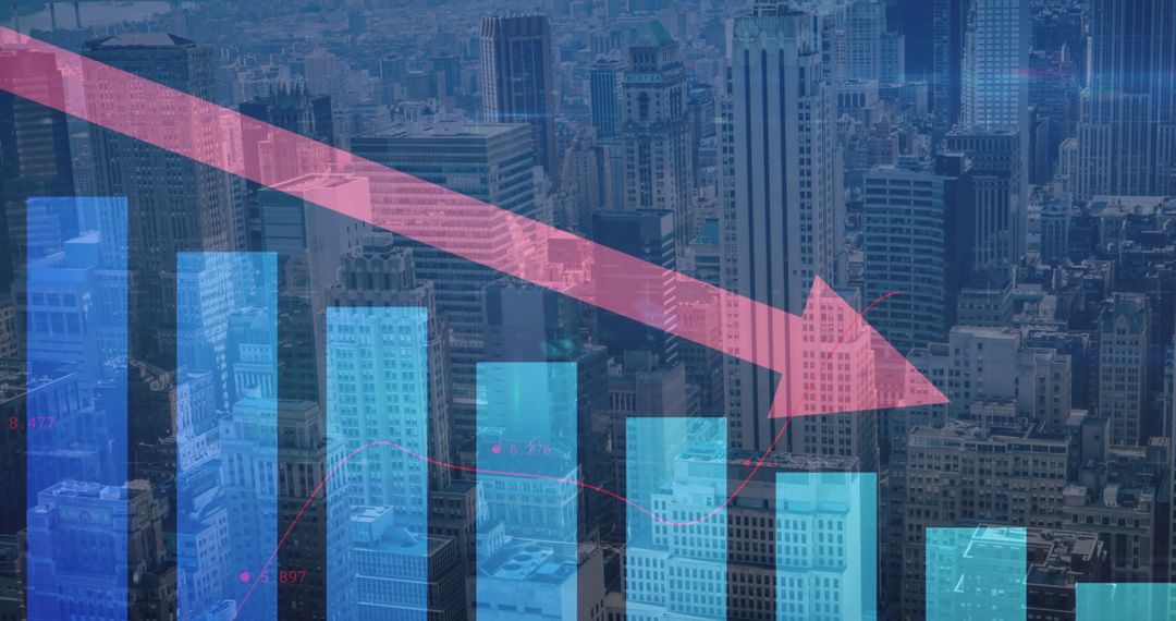 Cityscape Overlay with Declining Financial Graphs and Red Arrow
