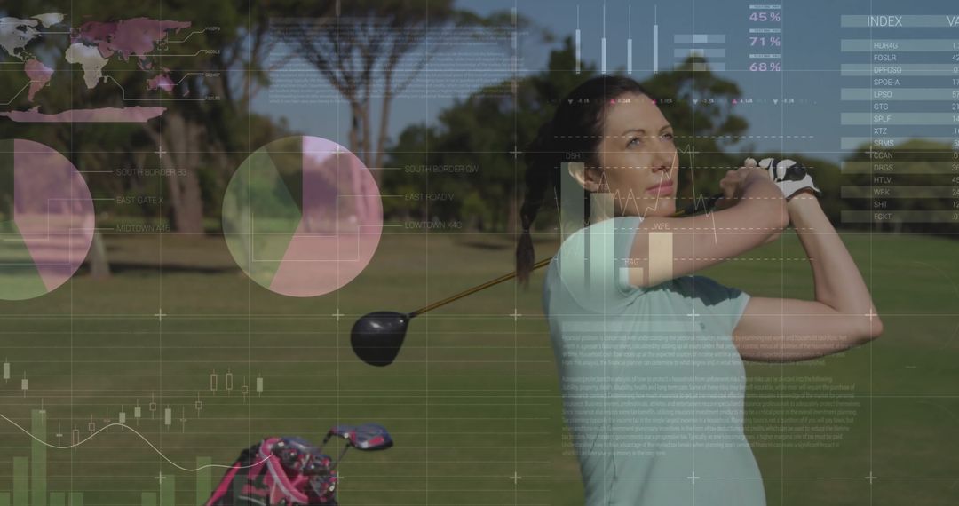 Female Golfer Analyzing Swing with Digital Data Overlays