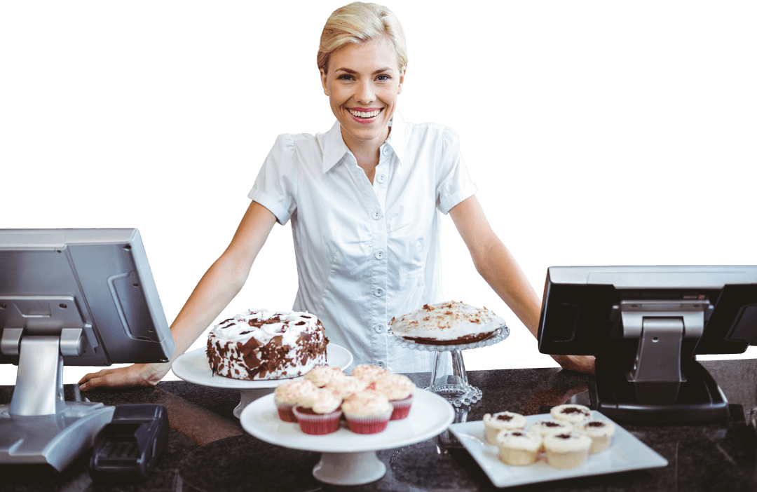 Smiling Woman Stands Proud with Assorted Cupcakes Desserts Transparent Background