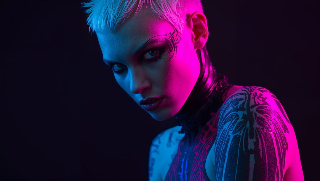 Futuristic Neon Portrait of Model with Geometric Body Paint