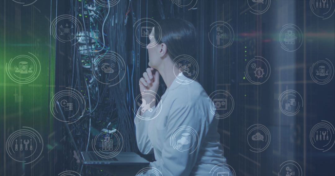 Female IT Technician Analyzing Server Infrastructure with Digital Icons